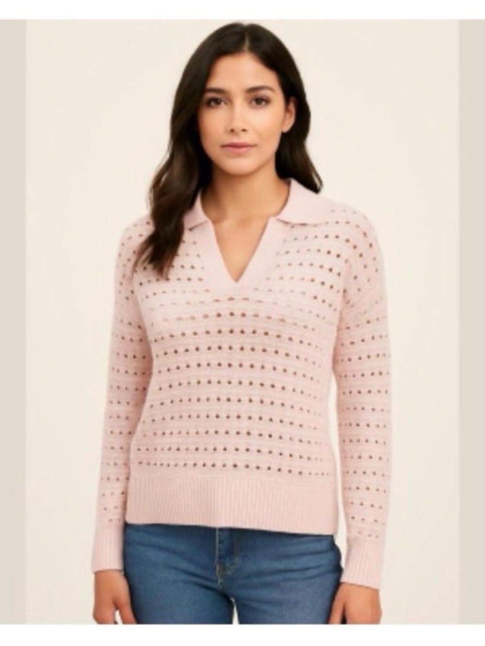 Joie Pink Open-Knit Collared Polo Pullover Sweater